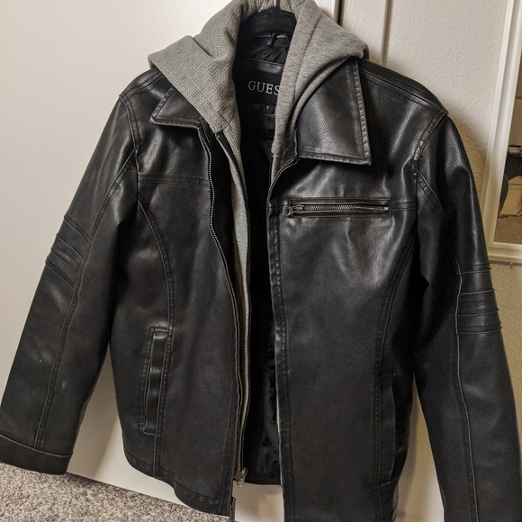 guess leather jacket with removable hood